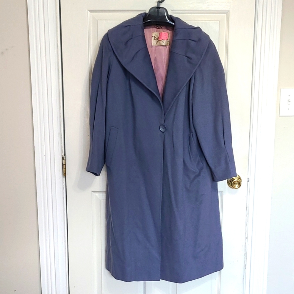 Vintage Edinburgh violet blue coat with balloon sleeves, portrait collar